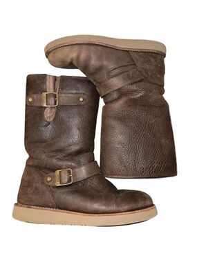 UGG Kensington Brown Leather Shearling Lined Buckle Moto Boots